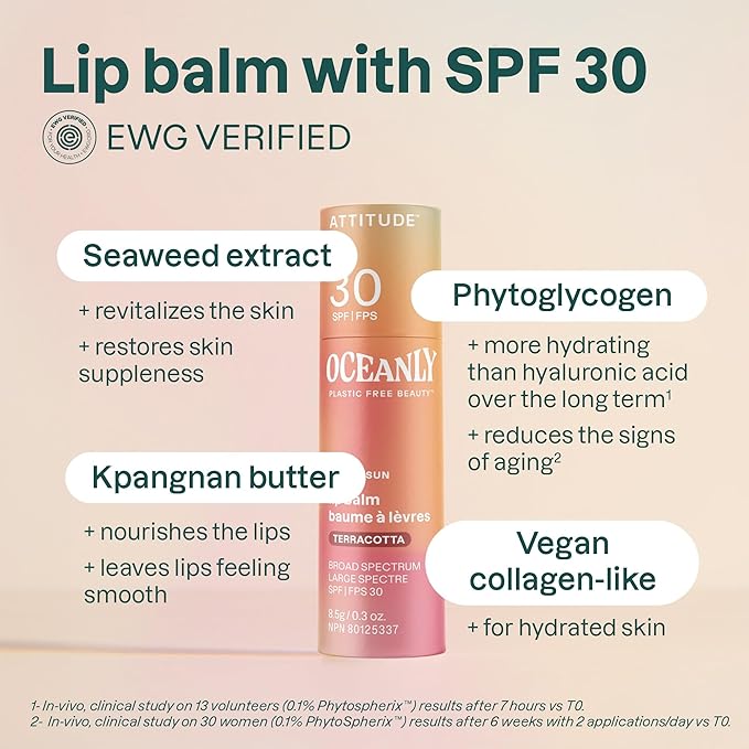 ATTITUDE Oceanly Tinted Lip Balm with SPF 30, EWG Verified, Plastic-Free, Broad Spectrum UVA/UVB Protection with Zinc Oxide, Vegan, Unscented, Terracotta, 0.3 Ounce-VivaGrace Women