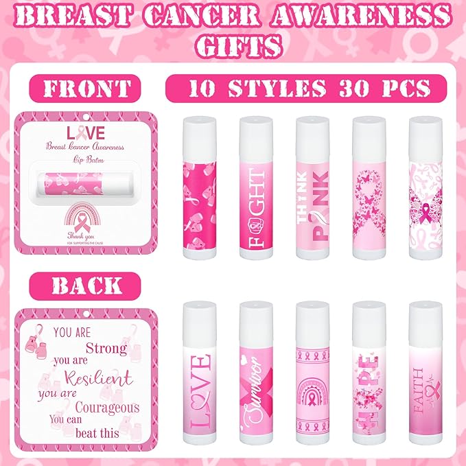 30 Pack Breast Cancer Awareness Favors Bulk Lip Balms Gifts Pink Ribbon Lip Balms Favors Breast Cancer Awareness Month Accessories Support Party Items Decorations for Women Men Survivors-VivaGrace Women