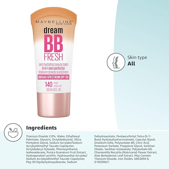 Maybelline Dream Fresh Skin Hydrating BB Cream, 8-in-1 Skin Perfecting Beauty Balm With Broad Spectrum Spf 30, Sheer Tint Coverage, Oil-Free, Deep, 1 Fl Oz-VivaGrace Women