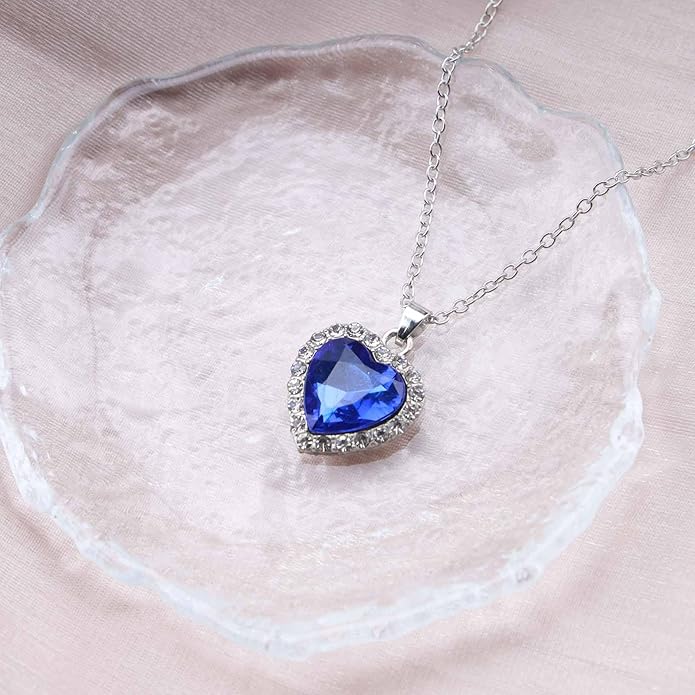 Vintage Crystal Sapphire Necklace Rhinestone Heart Sapphire Pendant Necklace Blue Sapphire Choker Necklace Silver Cz Heart Necklace Jewelry for Women-VivaGrace Women