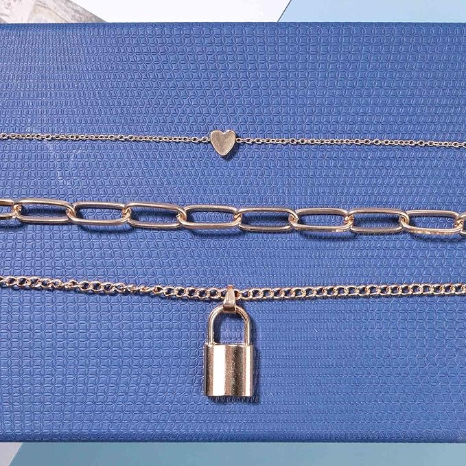 Punk Layered Heart Choker Necklace Gold Lock Pendant Necklace Chunky Paper Clip Chain Necklace Vintage Statement Necklace Chain Jewelry for Women and Girls Gift-VivaGrace Women