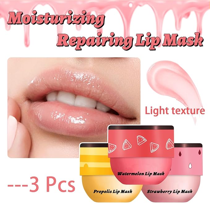 3 PCS Bee Lip Balm Honey Pot, Honey & Strawberry & Watermelon Lip Mask Overnight Propolis Moisturizing Lip Balm Hydrating Prevention Dry and Crack Lip Scrubs Exfoliator Lip Wrinkle Care (Set B)-VivaGrace Women