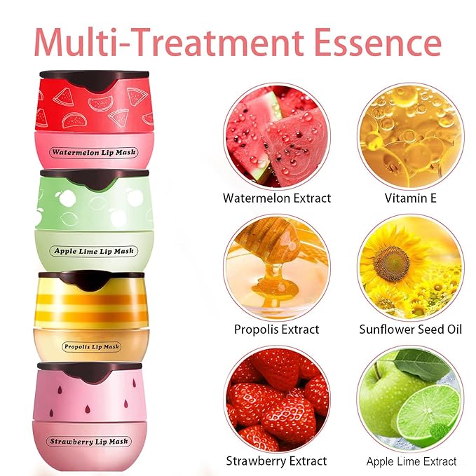 Honey Lip Balm Pot, 3 Pcs Honey & Strawberry & Watermelon Lip Mask Propolis Lip Mask Moisturizing Hydrating Prevention Dry and Cracked Lip Scrubs Exfoliator-VivaGrace Women
