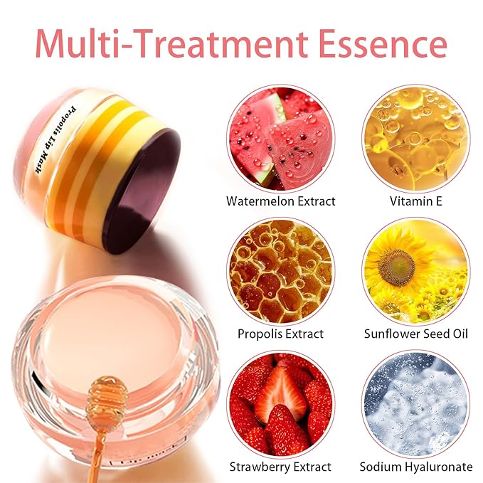 3 PCS Bee Lip Balm Honey Pot, Honey & Strawberry & Watermelon Lip Mask Overnight Propolis Moisturizing Lip Balm Hydrating Prevention Dry and Crack Lip Scrubs Exfoliator Lip Wrinkle Care (Set B)-VivaGrace Women