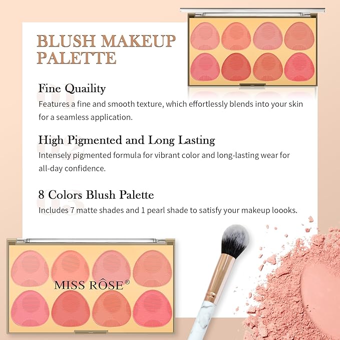 DAGEDA 8 Colors Blush Palette Makeup, Natural Face Blush for Cheeks, Smooth Powder Blush Palette with Brush,Facial Makeup Blushes Set-VivaGrace Women
