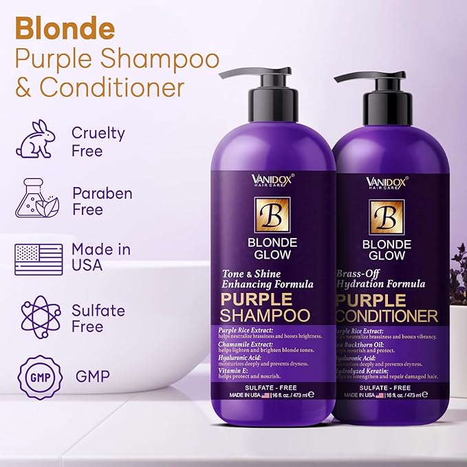 Sulfate Free Brass Toning Purple Shampoo and Conditioner Set for Blondes, Brown Highlighted, or Bleached Hair, Shampoo for Blondes Infused with Purple Rice Extract (16 fl oz each)-VivaGrace Women