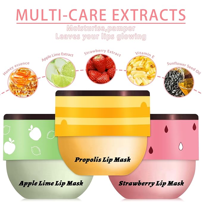 3 PCS Bee Lip Balm Honey Pot, Honey & Strawberry & Apple Lime Lip Mask Overnight Propolis Moisturizing Lip Balm Hydrating Prevention Dry and Crack Lip Scrubs Exfoliator Lip Wrinkle Care (Set A)-VivaGrace Women
