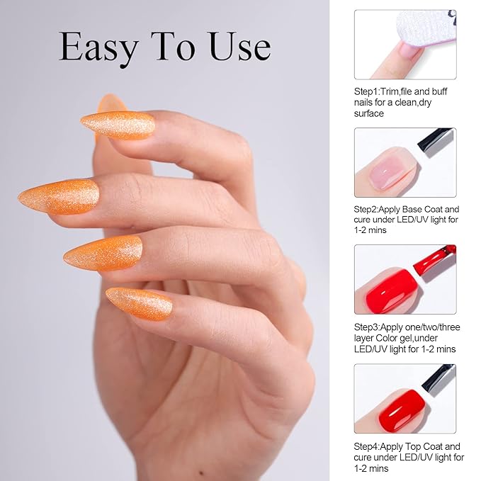 Imtiti Gel Nail Polish, 1 Pcs 15ml Translucent Glitter Coral Orange Color Soak Off UV LED Nail Gel Polish Nail Art Starter Manicure Salon DIY at Home Nail Lamp Needed