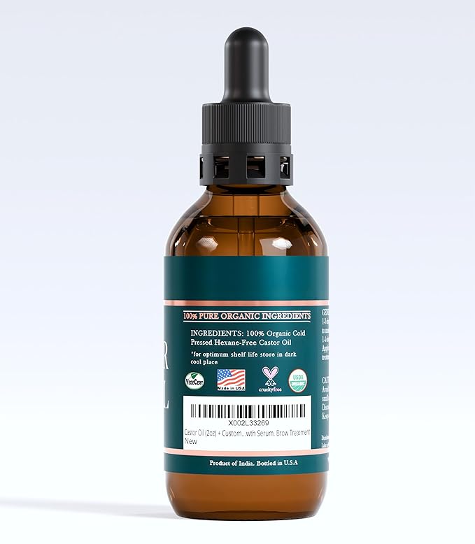 Organic Castor Oil Lash Serum for Hair Growth, 100% Pure Eyebrow Eyelash Growth Serum, Cold Pressed Hexane Free (2oz Glass Bottle + FILLED Mascara Tube)-VivaGrace Women