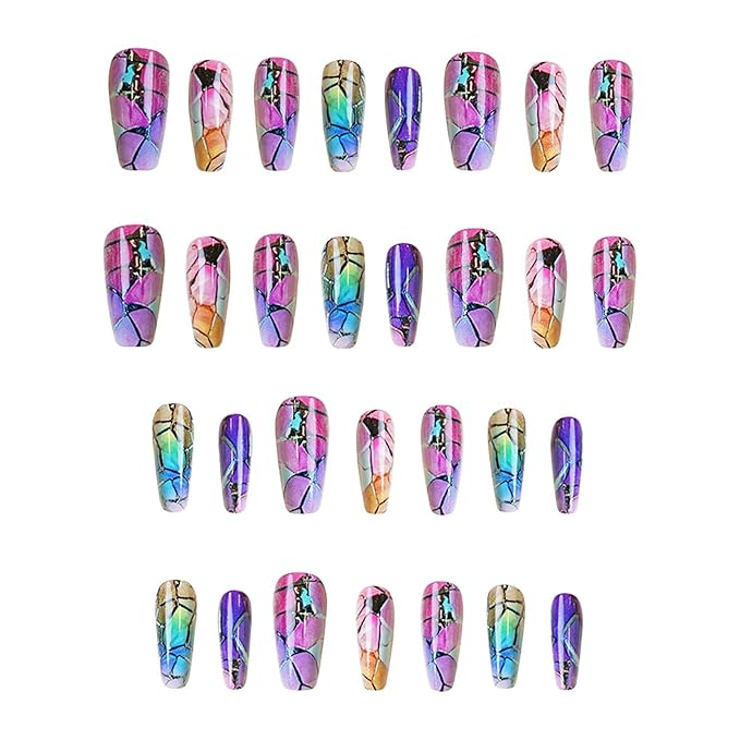 Coffin Press on Nails Medium Length Fake Nails Sparkly Stained Glass Windows False Nails with Designs Acrylic Artificial Nails Full Cover Glue on Nails Cute Stick on Nails for Women 24Pcs