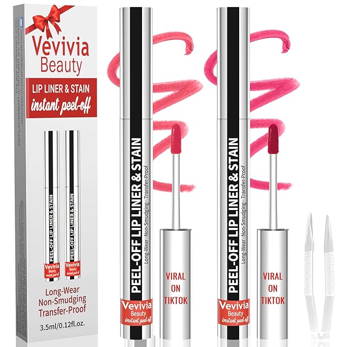 2pcs Lip Stain Peel Off - Lip Liner Stain Long Lasting Waterproof,2-in-1 Lip Liner with Tweezer Nude Matte,Non-Stick Cup,Highly Pigmented,Natural Finish,Stay On All Day,Perfect for Gift (Nude+Rose)-VivaGrace Women