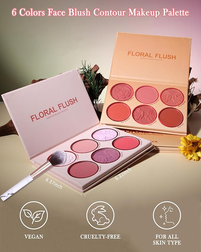 Matte Rose Face Blush Palette Kit with Brush-6 Colors Pink Purple Silky Mineral Blendable Blusher Contour Powder for Cheeks,Longlasting Facial Eyeshadow Beauty Cosmetic Makeup Gift for Women-Set 01-VivaGrace Women