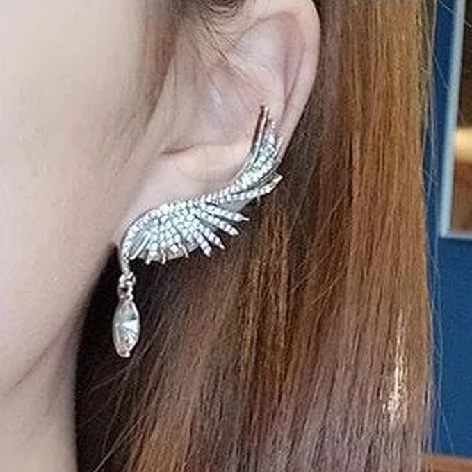 Boho Crystal Angel Wing Earrings Silver Rhinestone Wing Earrings Cz Crystal Ear Climber Earrings Guardian Wing Clip on Earrings Jewelry for Women and Girls Gifts-VivaGrace Women