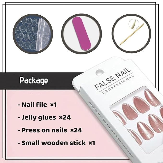 Nude Pink Press on Nails Medium Almond Fake Nails with Cat Eye Designs Glossy Stick on False Nails Acrylic Glitter Glue on Nails for Women