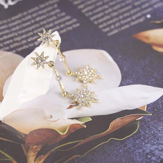 Vintage Crystal Starburst Drop Earrings Long Rhinestone Northstar Earrings Gold Cz Star Dangle Earrings Cz North Star Stud Earrings Jewelry for Women-VivaGrace Women