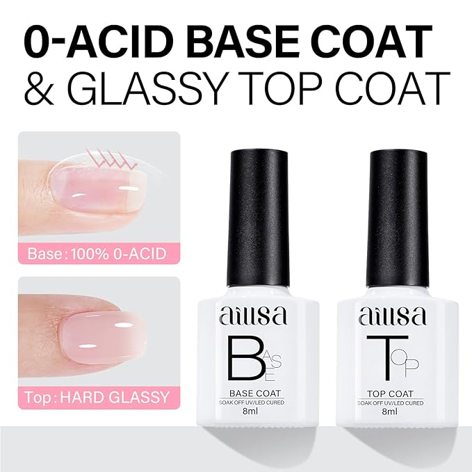 AILLSA Nude Pink Gel Nail Polish Set - White, Red, Milky Neutral Translucent Gel Polish with Base and Top Coat - 5+2 Kit - Bright Wedding Color - Jelly Soak Off U V Manicure Salon DIY at Home