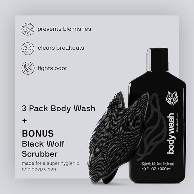 Black Wolf Skincare with Scrubber Gift Set for Men, Body Acne System - Shower Set with 10 Fl Oz, 3 Pack Charcoal Powder & Salicylic Acid for All Skin Types - Rich Lather for Coverage & Deep Clean