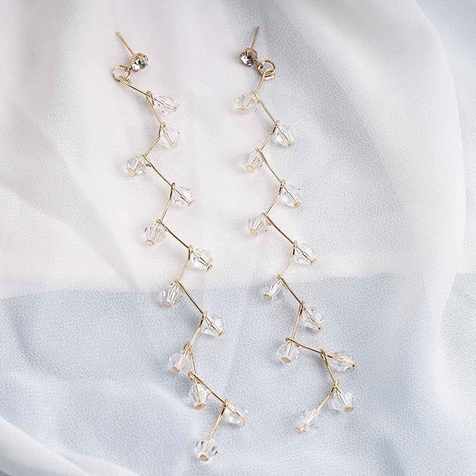Boho Rhinestone Leaf Earrings Gold Crystal Drop Earring Long Chain Tassel Dangle Earrings Jewelry for Women and Girls Gifts-VivaGrace Women