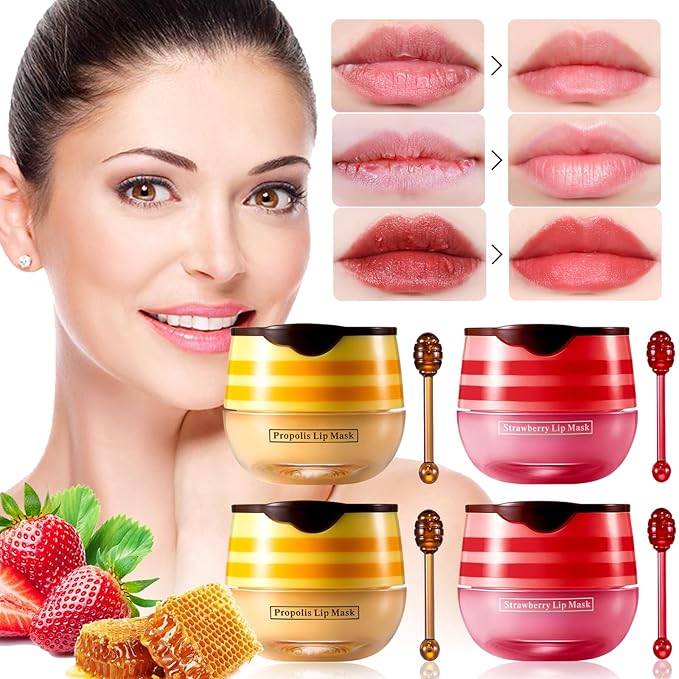 4 PCS Bee Honey Lip Balm Honey Pot, Strawberry & Bee Honey Lip Mask, Reduces Lip Lines, Hydrate & Moisturizing Lip Skin Care, Prevention Dry Cracked Lips, Bee Honey Lip Balm for Lip Repair Treatment-VivaGrace Women