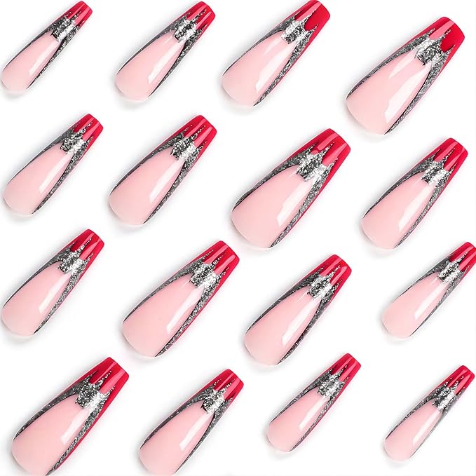 Long Press on Coffin Fake Nails with Glue - French Red Tip Acrylic False Nails with Glitter Bat Designs - Pink Full Cover Artificial Press Ons Bling Stick on for Women