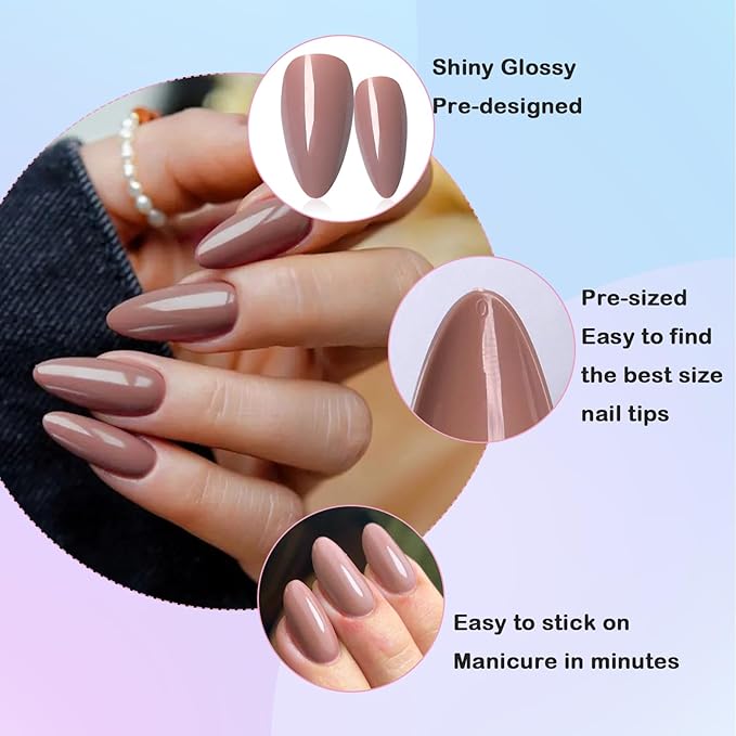 LoveOurHome 240pc Almond Press on Nails Medium Fake Nail Tips Brown Acrylic Nails Press ons Nail Almond Short Stiletto False Nail French Artificial Fingernail & Adhesive Tabs Glue for Women Girls