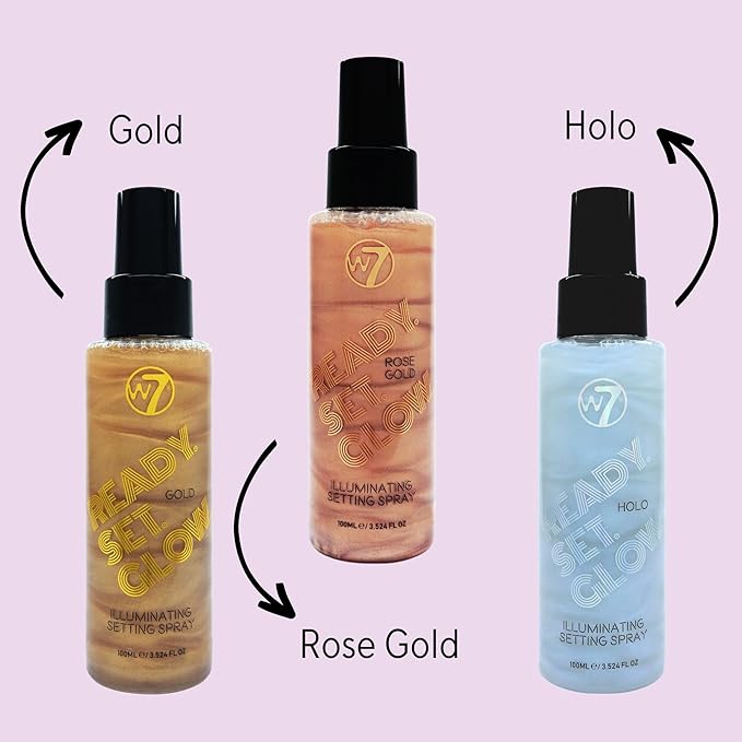 W7 Ready Set Glow Trio - 3 Piece Set - Makeup Setting Spray - Shimmer Finish - Long-Lasting, Ultra-Fine Formula (Rose Gold, Gold & Holo)-VivaGrace Women