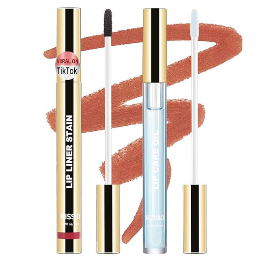 KISSIO Lip Stain Set,Peel Off Lip Liner Stain and Lip Care Oil,Transfer Proof,Long Lasting and Waterproof Lip Tint,Matte Finish,Lip Combo,02 Gray pink-VivaGrace Women