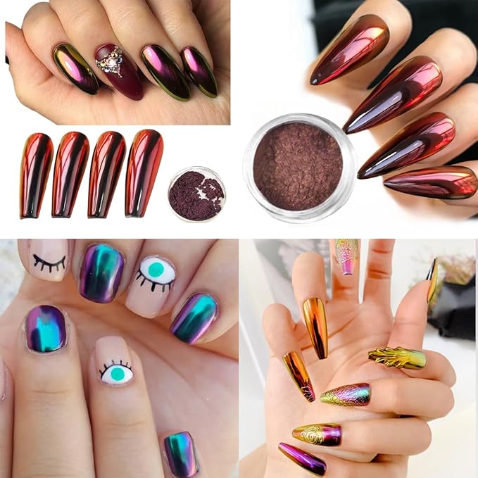 8Pcs Chameleon Chrome Nail Powder,Chrome Powder for Gel Nails Nail Chrome Powder Mirror Effect Holographic Aurora Iridescent Pearlescent Manicure(8 colors)-VivaGrace Women