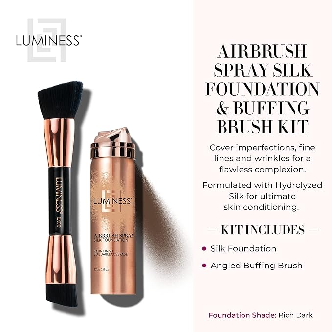 LUMINESS Silk Airbrush Spray Foundation & Buffing Brush Kit – Full Coverage Foundation & Dual-Sided Buffing Brush - Buildable Coverage, Anti-Aging Formula Hydrates & Moisturizes (Shade - Rich Dark)-VivaGrace Women
