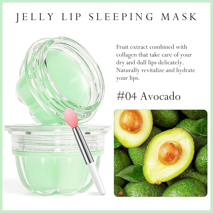 2Pc Jelly Lip Mask Overnight,Fruity Avocado Lip Sleeping Mask Day Night Repair Kawaii Lip Balm Hydrate Plump Dry Lip Scrubs Exfoliator,Lip Care Lip Moisturizer with Collagen-Avocado-VivaGrace Women