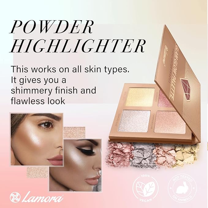 Highlighter Palette Highlighter Makeup Iluminador - Glow Bronzer Powder Makeup Highlighter Kit With Mirror - 4 Highly Pigmented Face Highlighter Shimmer Colors - Vegan, Cruelty Free & Hypoallergenic-VivaGrace Women