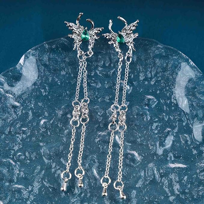 Vintage Emerald Butterfly Earrings Silver Chain Tassel Drop Earrings Butterfly Emerald Stud Earings Long Cz Chain Earrings Jewelry for Women and Girls-VivaGrace Women
