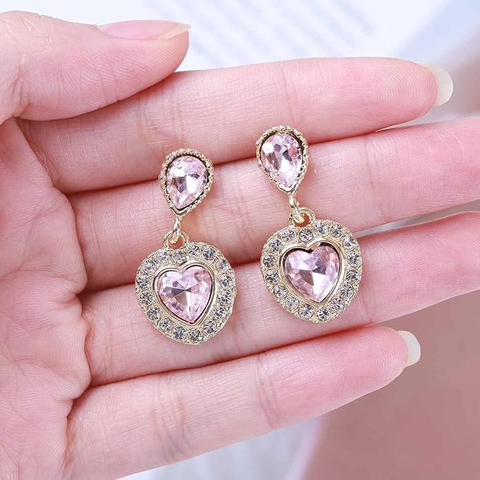 Vintage Emerald Heart Earrings Emerald Cz Teardrop Earrings Rhinestone Heart Drop Earrings Green Gemstone Stud Earrings Jewelry for Women(Green)-VivaGrace Women
