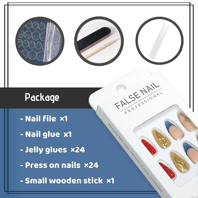 Press on Nails Medium Almond Fake Nails with 3D Swirl Designs Glossy Glue on Nails Gold Glitter Acrylic Nails Luxury Artificial False Nails for Women