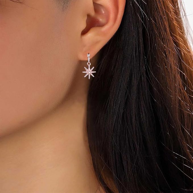 Boho Crystal Sunburst Earrings Rose Gold Star Drop Stud Earrings Cz Paved Starbust Earrings Celestial Earrings Jewelry for Women and Girls-VivaGrace Women