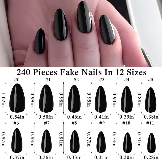 LoveOurHome 240pc Almond Press on Nails Medium Black Fake Nail Tips Full Cover Glue Almond Acrylic Nails Press ons Nail Short Stiletto False Artificial Fingernail & Glue Adhesive Tabs for Women Girls