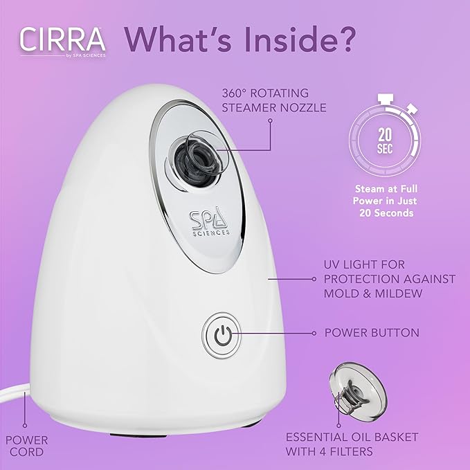 Spa Sciences - CIRRA - Nano Ionic Facial Steamer with UVC Sanitizing Protection, Aromatherapy Function, Detox Pores, and Boost Circulation - Includes an Essential Oil Basket-VivaGrace Women