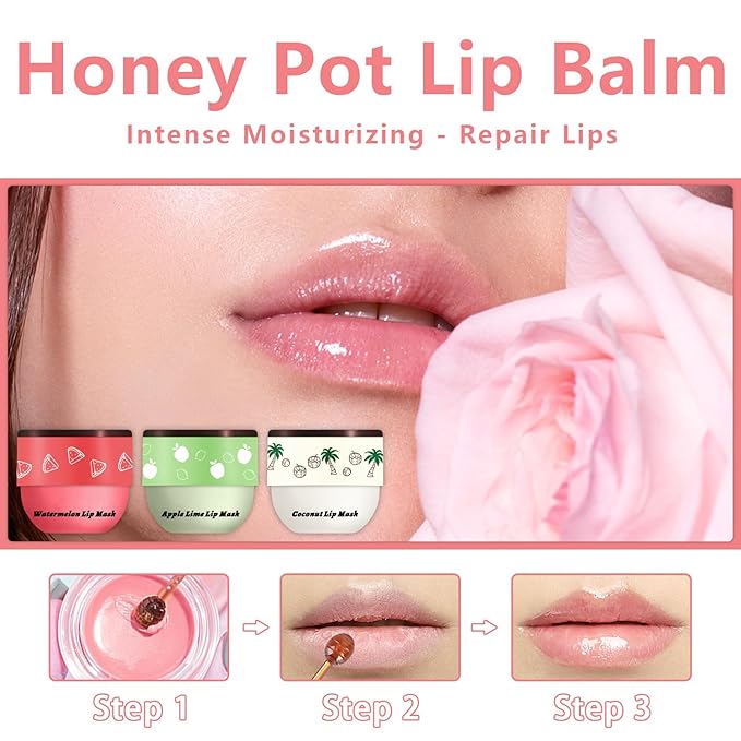 3 Pcs Bee Lip Balm Honey Pot, Coconut Watermelon Apple Lime Lip Mask Overnight, Moisturizing Lip Sleeping Mask, Hydrate Repair Prevent Dry Cracked Lip Exfoliator (Coconut +Watermelon+Apple Lime)-VivaGrace Women