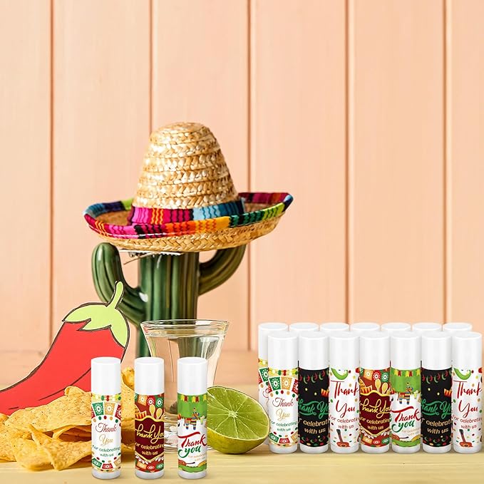 Dunzy 50 Pcs Thank You Gift Lip Balm Bulk Baby Shower Party Favors Bridal Shower Favor Lip Care with Assorted Fruit Flavors Thank You Lipstick for Guest Basket Gift Stuffer (Mexico Party)-VivaGrace Women