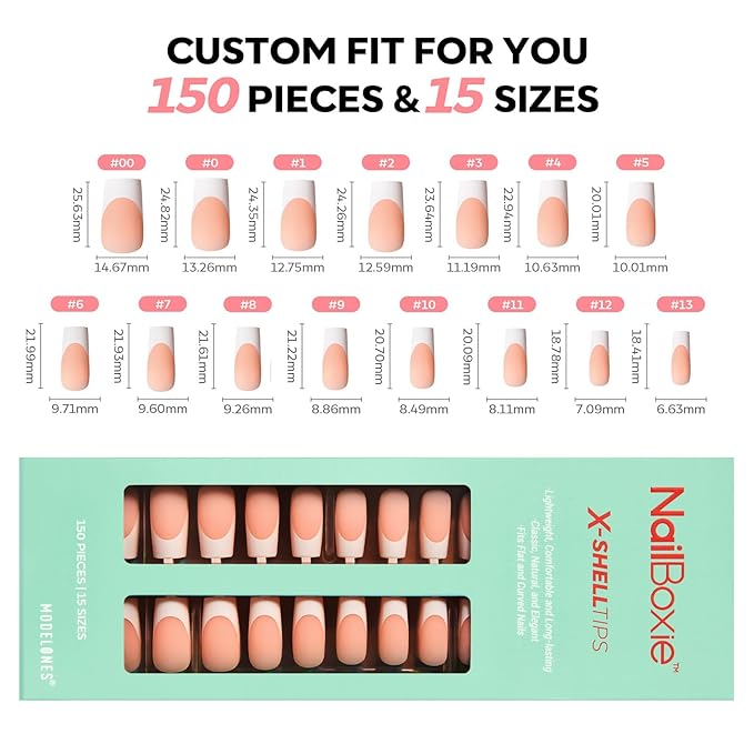 modelones French Tip Press on Nails, 150Pcs Long Square Fake Nails with Nail Box, Deep Nude Gel Nail Tips for Women, Soft Glue-On Nails for Natural Salon Look, DIY Nail Art Kit (15 Sizes)-VivaGrace Women