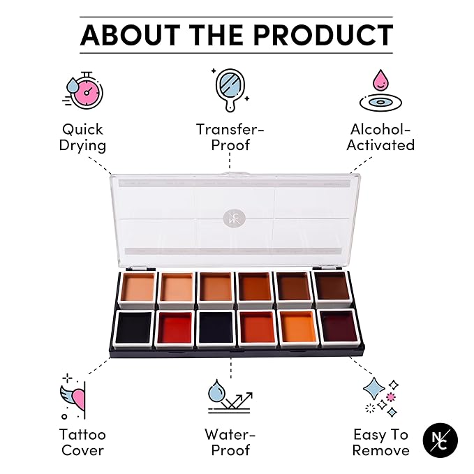 12 Color Dark Flesh Tone Alcohol Activated Makeup Palette for Special Effects - Waterproof Dark Flesh Tone Makeup for Professional Makeup Artists-VivaGrace Women