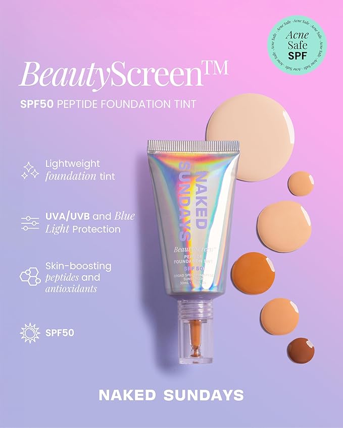 Naked Sundays BeautyScreen™ SPF 50 Mineral Peptide Foundation Tint – 2-in-1 Skin Tint & Mineral Sunscreen | Radiant, Buildable Coverage, Acne-Safe, Infused with Peptides (2 Fair Sand, 1.01 oz)-VivaGrace Women