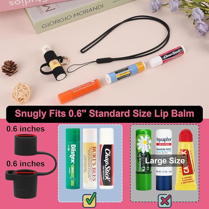 Desing Wish Silicone Lip Balm Holder with Cap Cover Portable Chapstick Holder Keychain Sleeve Lip Balm Key Chain with Key Ring and Neck Strap Lanyard - Black-VivaGrace Women