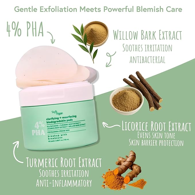 4% PHA Toner Pads | Vegan Korean Skincare for Sensitive, Acne-Prone Skin, Before Makeup, Morning Routine Selfcare, (Toner Pads, 60 ct)