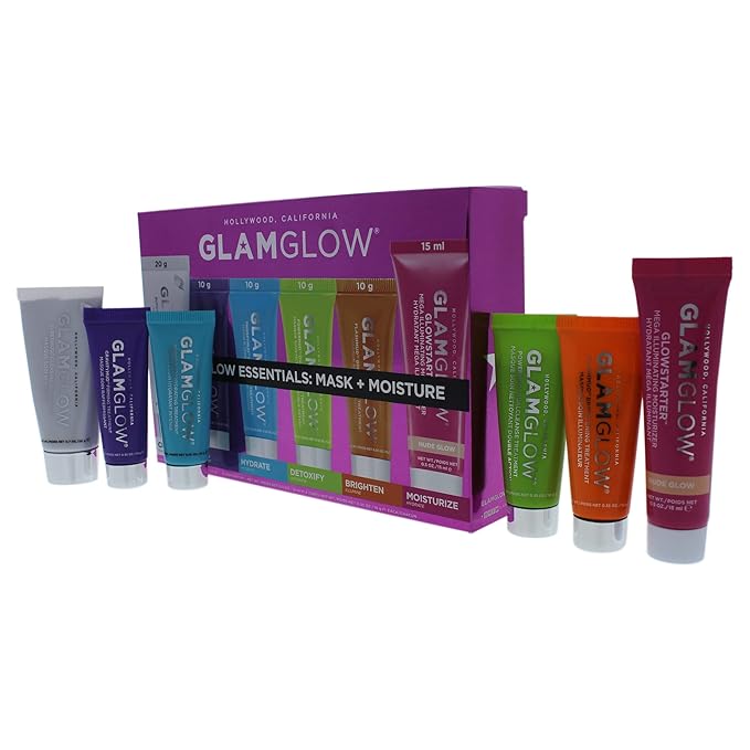 GLAMGLOW Glow Essentials Mask + Moisture Travel Set - SUPERMUD (0.7 oz), GLOWSTARTER NUDE (0.5 oz), GRAVITYMUD (0.35 oz), THRISTYMUD (0.35 oz), POWERMUD (0.35 oz) & FLASHMUD (0.35 oz)-VivaGrace Women