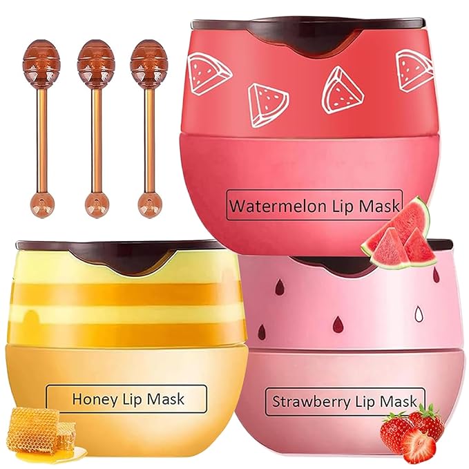 3 PCS Bee Lip Mask Honey Pot Lip Balm,Strawberry Watermelon Lip Mask Overnight Hydrating Dry and Crack Lip Scrubs Exfoliator Propolis Lip Sleeping Mask (Strawberry & Watermelon & Honey)-VivaGrace Women