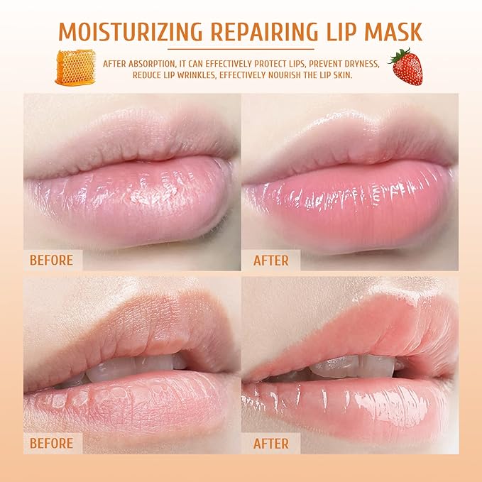 4Pcs Honey Strawberry Lip Balm Honey Pot, Strawberry Lip Sleeping Mask, Overnight Lip Sleeping Mask, Honey Balm Lip Balm Pot, Honey Lip Mask Nourish Lip Scrubs Exfoliator Honey/Strawberry-VivaGrace Women