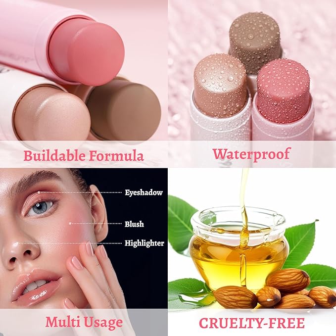 Face Stick Trio 3Pcs Multi Makeup Blush Highlighter Contour Sticks, Buildable Blendable Lightweight Cream Blush Stick for Cheeks Lips Make Up For Women (05)-VivaGrace Women