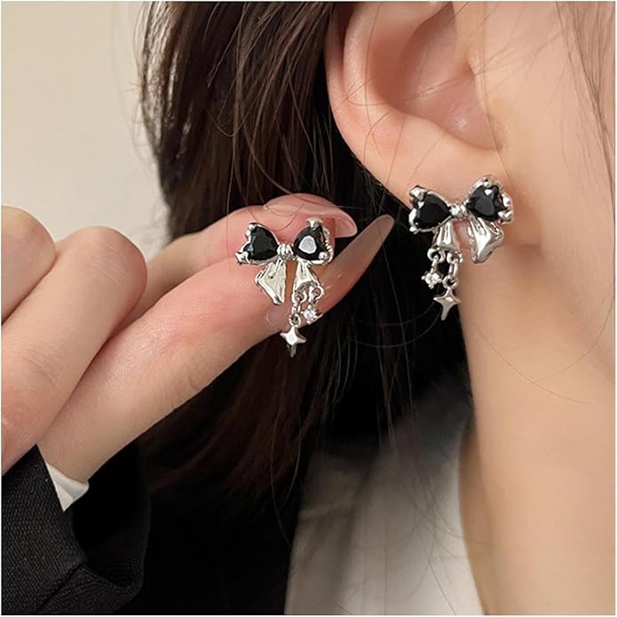 Vintage Crystal Bow Earrings Black Onyx Stud Earrings Silver Tiny Cross Drop Earrings Sparkly Cz Rhinestone Bow Earrings Jewelry for Women-VivaGrace Women