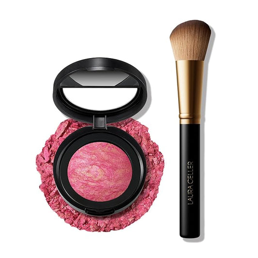 LAURA GELLER NEW YORK Baked Blush-n-Brighten Marbleized Blush + Angled Brush (07 Sunlit Rose, 47mm)-VivaGrace Women